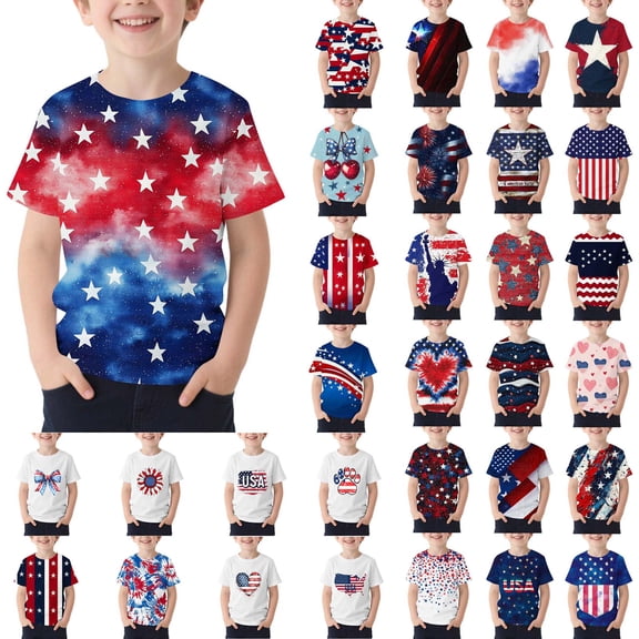 MKOSPLRT Kids 4th of July Shirt Breathable Cotton American Flag Print Crew Neck Short Sleeve T-Shirt for Boys Girls 9-10Years