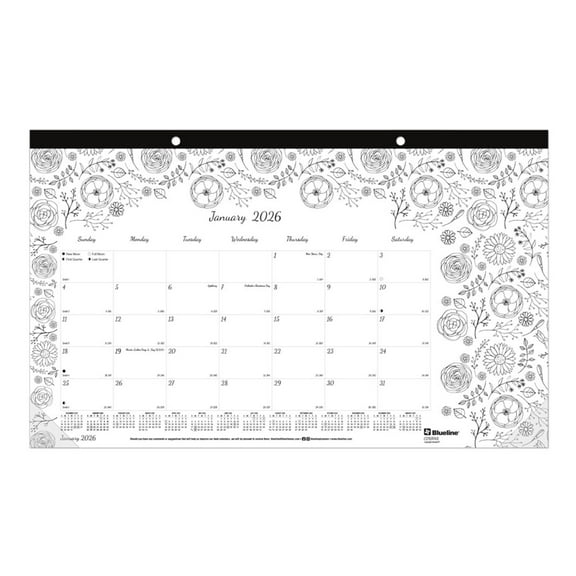 2026 Blueline® DoodlePlan™ Monthly Desk Pad Coloring Calendar, 17-3/4" x 10-7/8", Motif, January To December, C2917001