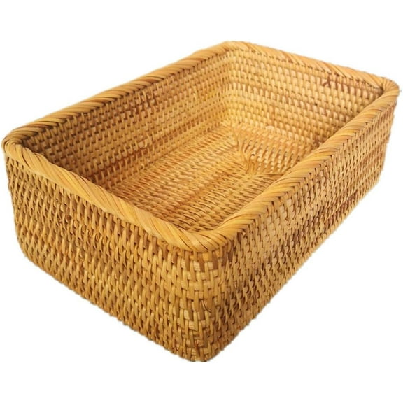 Handmade Rectangle Wicker Fruit Box Rattan Tray Magazine Organizer and Small Objects Container Serving Basket (Large)