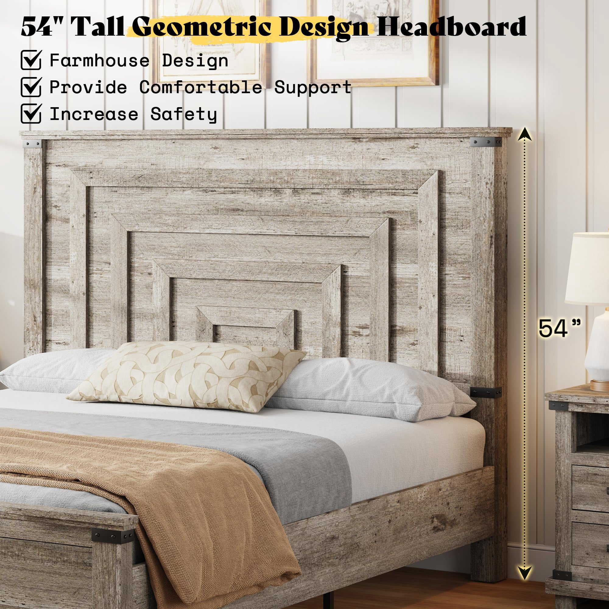 PLAUIN Farmhouse Queen Size Bed Frame, Rustic Wood Platform with Footboard & Wood Slats, Grey