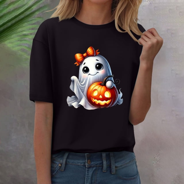 YLHFASHION T-shirt d'Halloween pour Femmes Manches Courtes Col Rond Imprimé Citrouille Décontracté Automne 2025 50 % de Réduction Liquidation T-shirt Manches Courtes pour Femmes