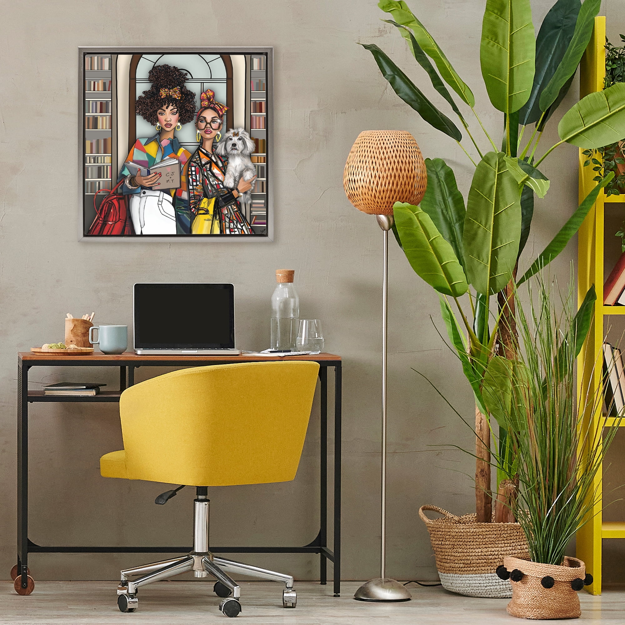 Stupell Industries Bookish Girls at Library Gray Framed Floater Canvas Wall Art, design by Tara Boone