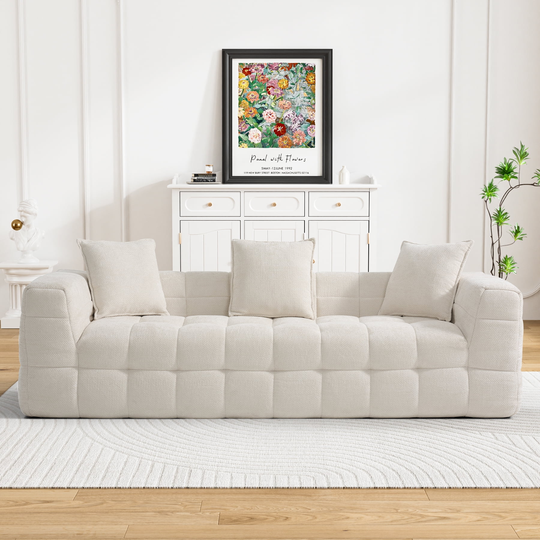 Wiilayok 89.8" Cloud Sofa Couch,Chenille 3 Seater Deep Seat Sofa Couch,No Assembly Required,Beige