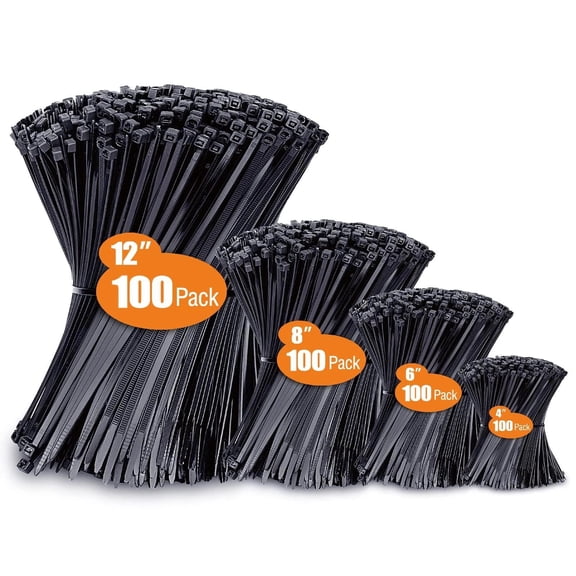 Zip Ties Assorted Sizes(4” 6” 8” 12”), 400 Pack, Black Cable Ties, UV Resistant