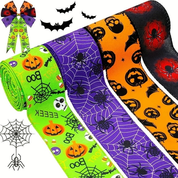 Monebena 4 Rolls 20 Yards Halloween Wired Edge Ribbons Bat Spider Web Printed Ribbon Witch Legs Hat Skull Pumpkin Ribbons Halloween Decorative Wrapping Ribbon M01