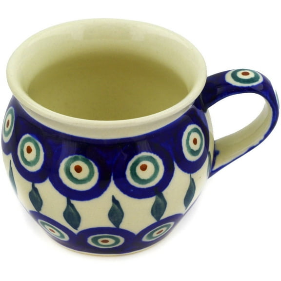 Polish Pottery 4 oz Bubble Mug (Peacock Leaves Theme) Hand Painted in Boleslawiec, Poland   Certificate of Authenticity