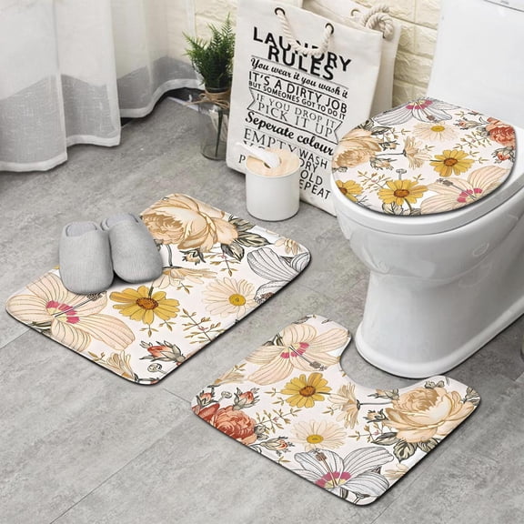 Pioneer Flower Floral Print Pattern Bathroom Rugs Sets 3 Piece,Toilet Cover Set,Absorbent Non Slip Bathroom Mats Sets with U-Shaped Contour Rug Toilet Rug Set