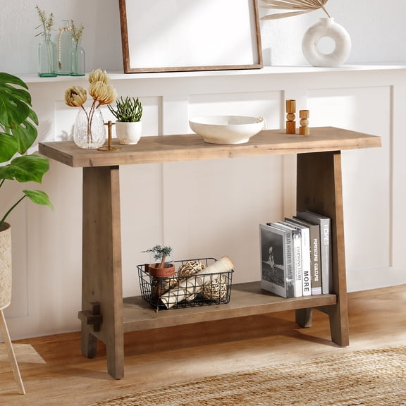 43'' Solid Wood Entryway Table with Storage Shelf, Small Console Table Behind Couch for Living Room Entrance, Natural