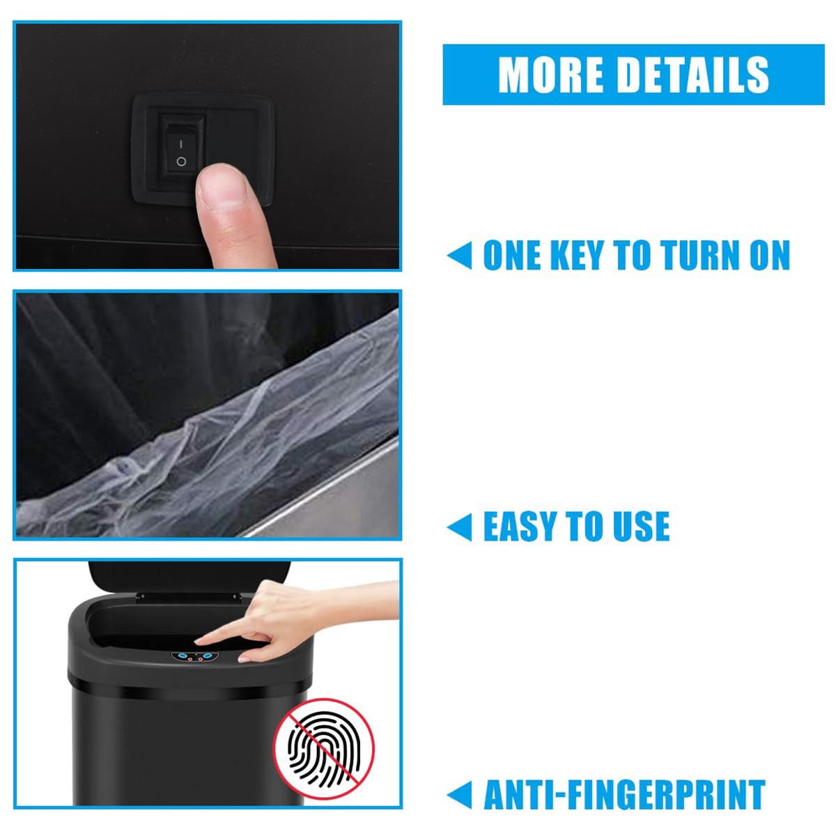 Dkelincs 13 Gallon Touch-Free Automatic Trash Can Stainless Steel Kitchen Garbage Can Waste Bin with Lid, Black