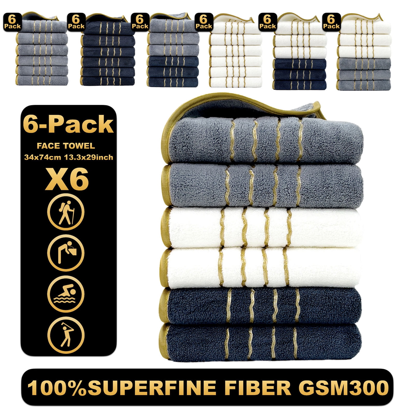 Twfbrm 6 Pack Premium Hand Towels - Ring Spun Cotton Hand Towels Highly Absorbent & Quick Dry Face Towels with gold trim, 300GSM Ultra Soft Microfiber Bath Towels for Beach Gym Hotel and Spa