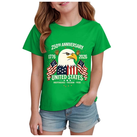 Staki Independence Clothing for Girl Girls 4th of July USA Shirt American Flag Patriotic T-Shirt Independence Day Outfit for Kids 1-9Y 10-14Y(Green,3-4 Years)