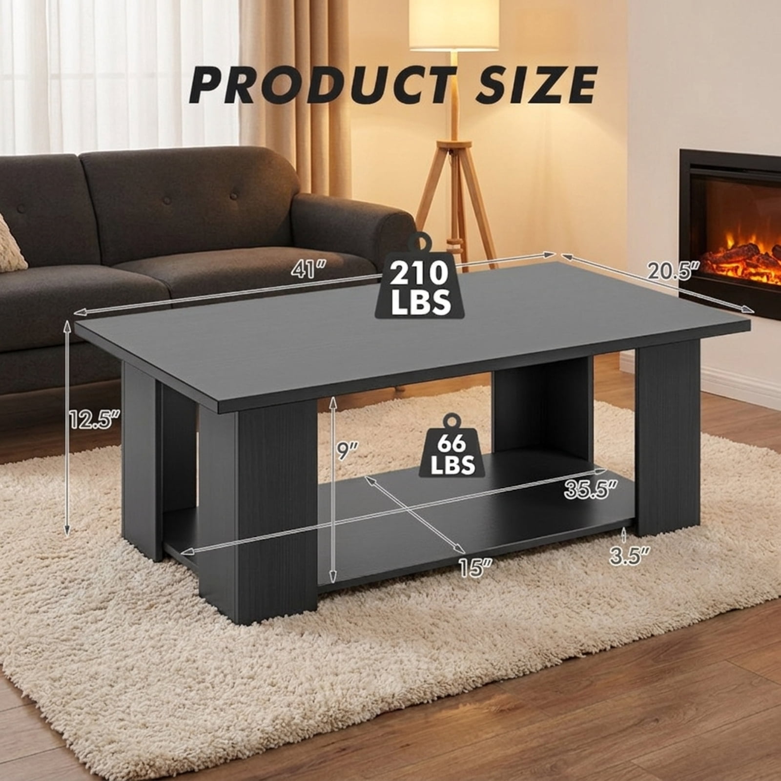 Furnibear Large 36/41 Inch 2-tier Wooden Modern Coffee Table with Storage Shelf - Black - Living Room Cocktail Center Table