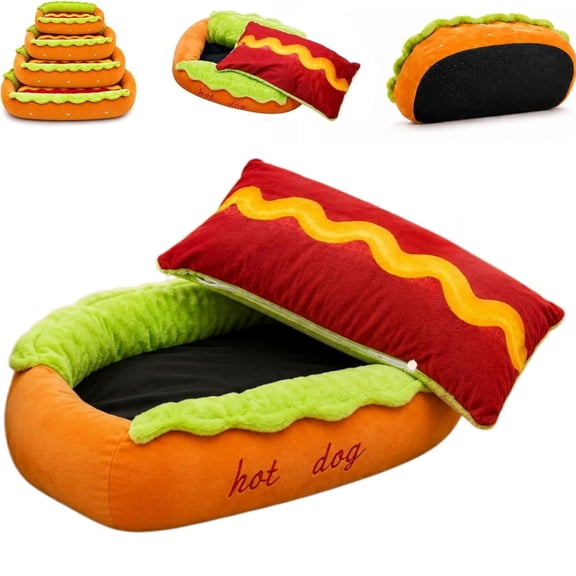 Hot Dog Dog Bed, Soft Plush Small Cute and Warm Cozy Food Dog Cat Bed, Removable Washable Cozy Bun Cushion with Non-Slip Bottom for Puppies Cats Indoor Home