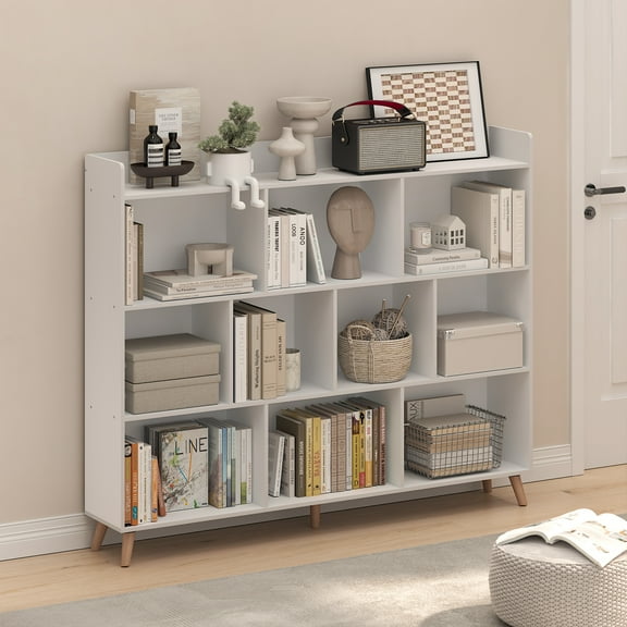 Furinno CLAUDE Book Shelf, 10-Cube Mid Century Style Bookshelf, Bookcase, Storage Organizer with Wood Legs, 9.4" x 55.1" x 45.1", for Living Room, Bedroom, Home Office, White