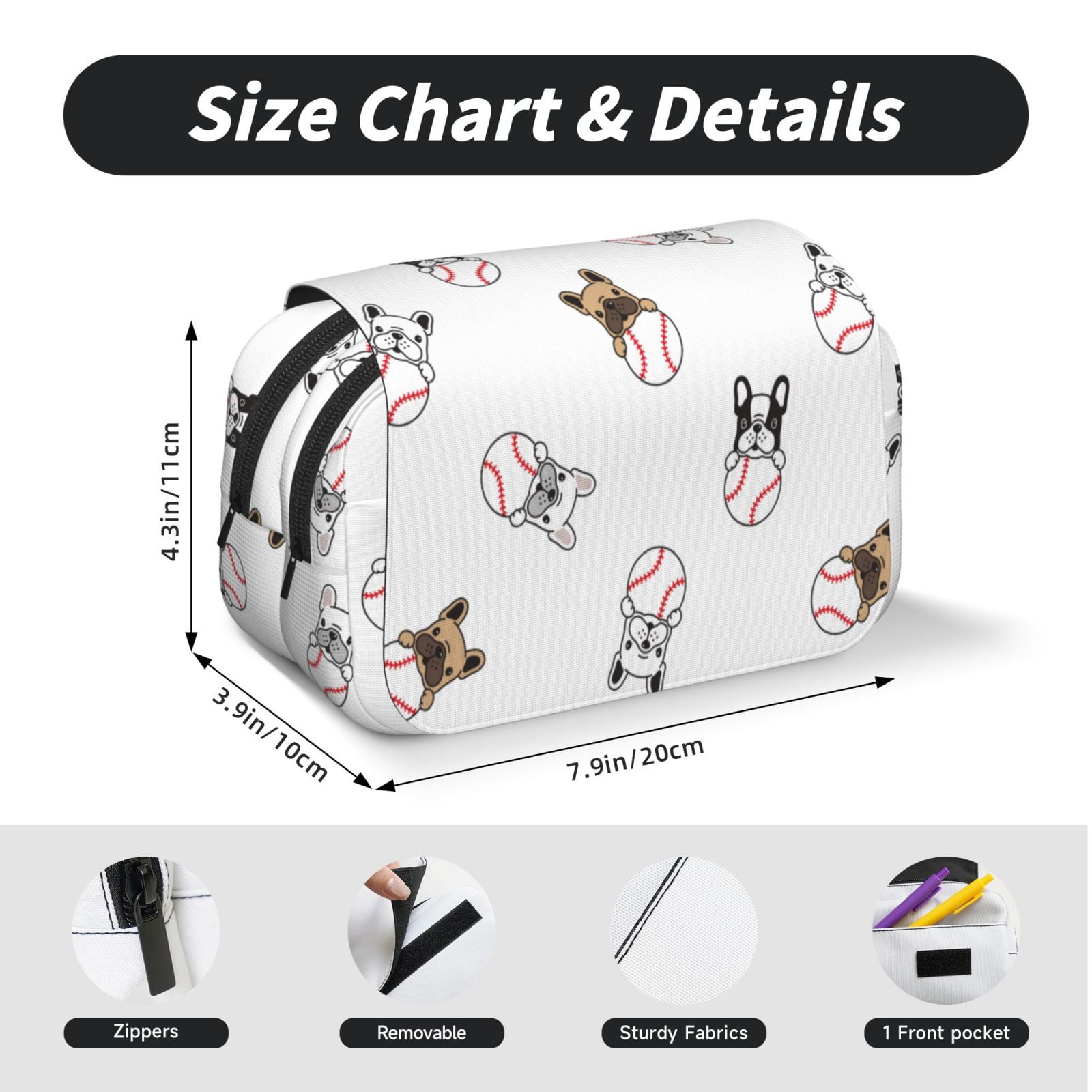 Rateoe Bbaseball Dog Pattern Double Clamshell Pen Case, Storage Organizer with Two Zipper Compartments– Holds Up to 50 Pencils & Pens