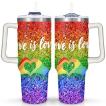 the Rainbow Gradually Changes the Heart on the Palm 40 Oz Tumbler with Handle Lid and Straw, Stainless Steel Double Walled Vacuum Insulated Cup, Cute Birthday Gifts Tumbler for Women Men Friends