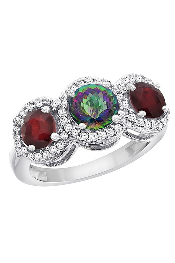 14K White Gold Natural Mystic Topaz & Enhanced Ruby Sides Round 3-stone Ring Diamond Accents, size 9
