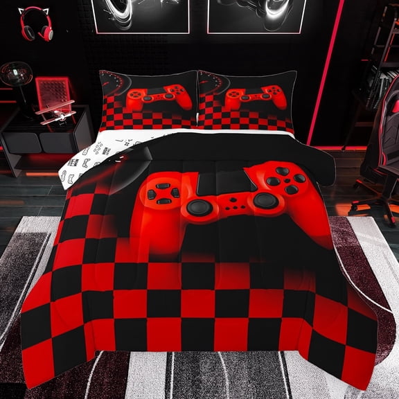 Castle Fairy Red Gamepads Bedding Comforter Set 2pcs for Boys Girls,Geometric Plaid Grid Twin Comforter Sets Microfiber,Video Game Breathable Bedding Set,Ultra Soft Home Decor,Reversible