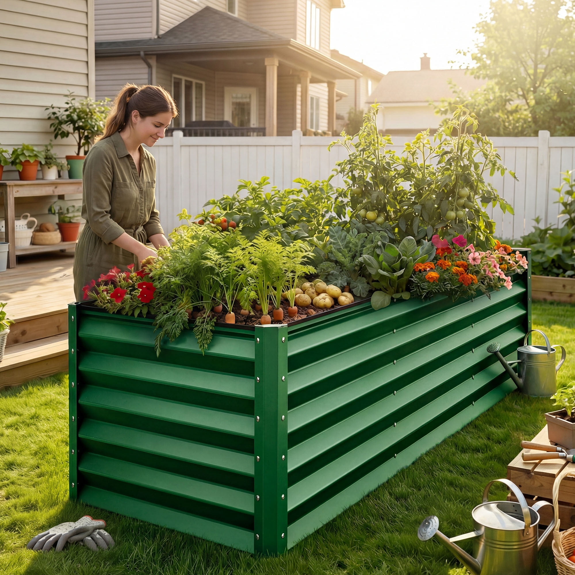 Uforic 8x4x3ft Large Galvanized Metal Raised Garden Bed Kit with Gloves, Support Rod & Safety Rubber, Outdoor Above Ground Planters for Plants Vegetables Flowers, Green