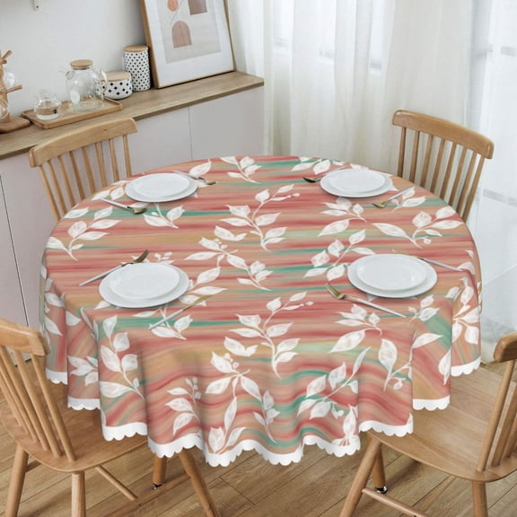 White Leafy Branches On Striped Round Tablecloth Waterproof Table Cloth Stain and Wrinkle Resistant Washable, Decorative Fabric Table Cover for Dining, Party and Camping
