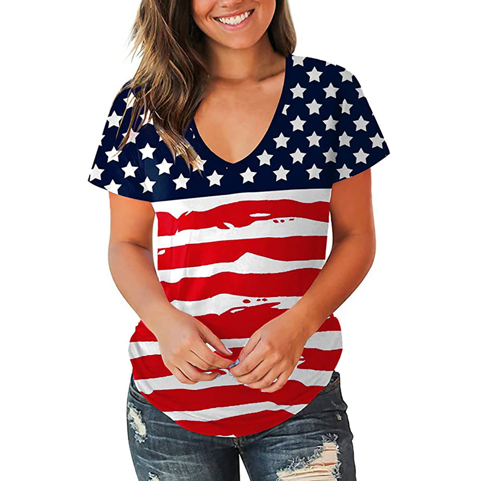 Women Plus Size Print Blouse Clover Independence Day Short Sleeve T-Shirt Tops 