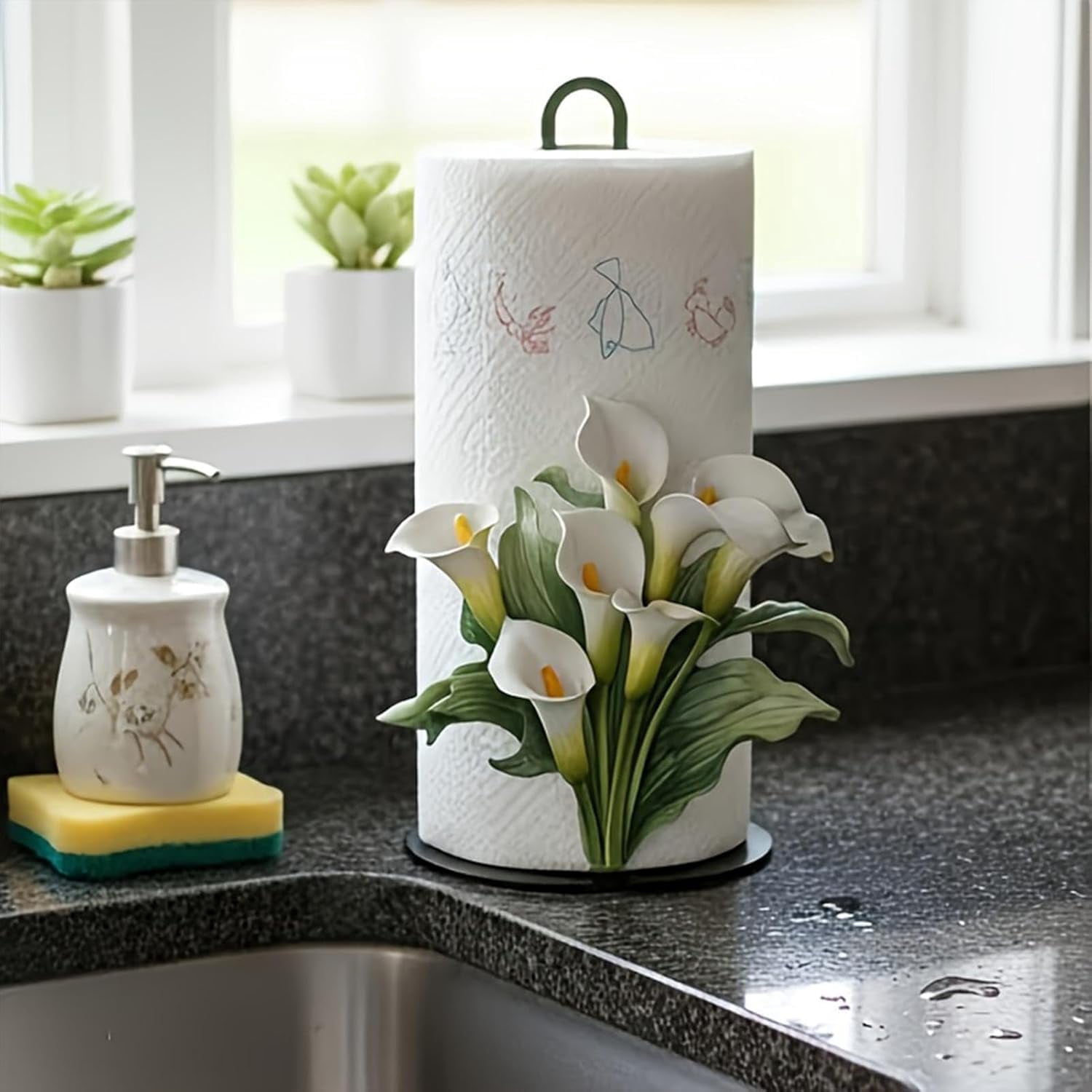 Decorative Paper Towel Holder with Flower Pattern – Freestanding Tissue Roll Rack for Home, Kitchen, Bathroom, or Office
