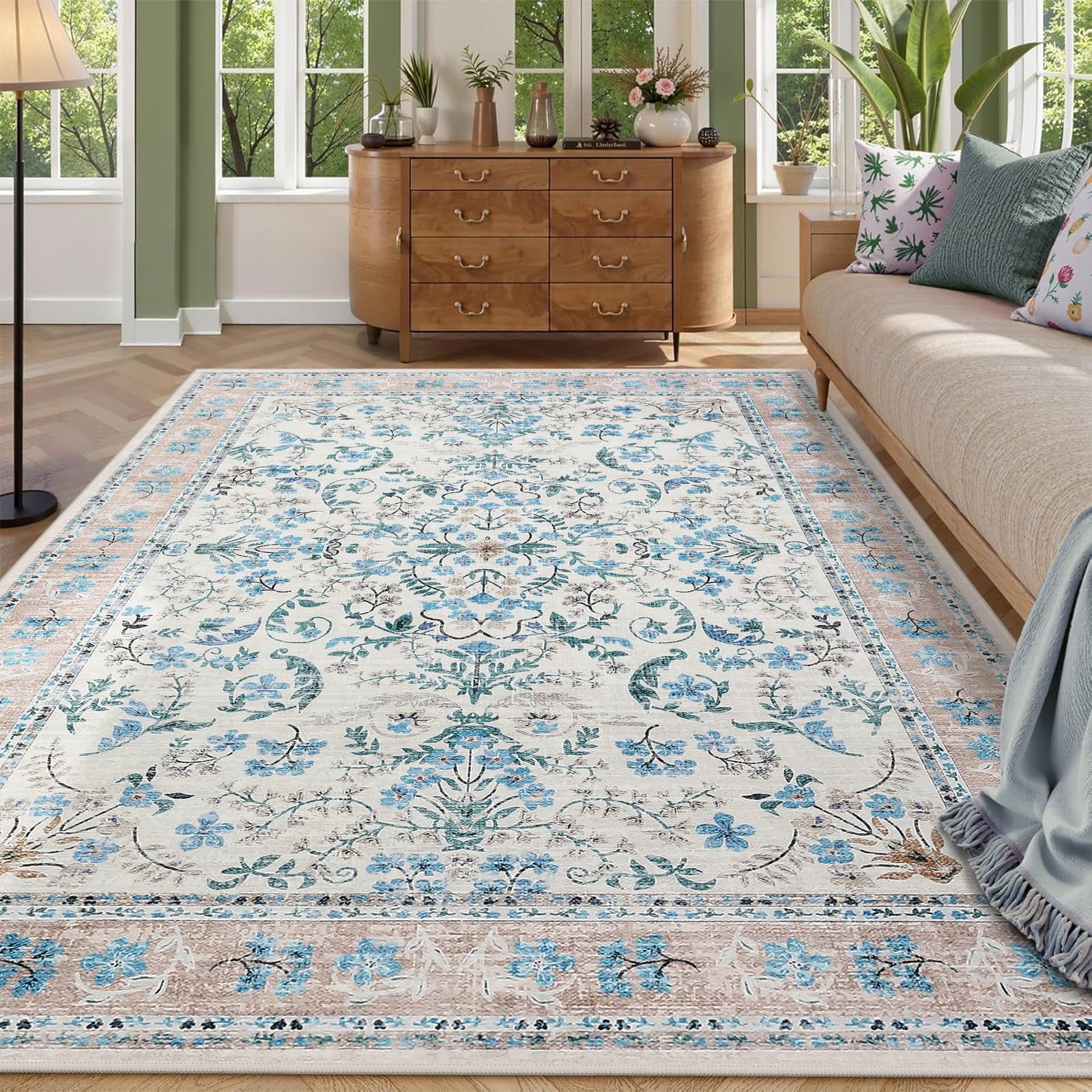 Area Rug 9x12 for Living Room, Washable Non Slip Low Pile Rugs, Floral Soft Carpet for Living Room, Bedroom, Dining Room, Blue