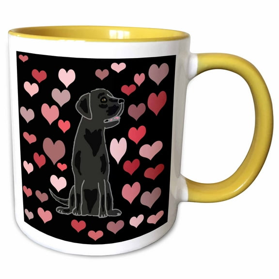 3drose, Funny Cute Black Labrador Dog and Heart Love Pattern Abstract, 15oz Two-tone Yellow Mug