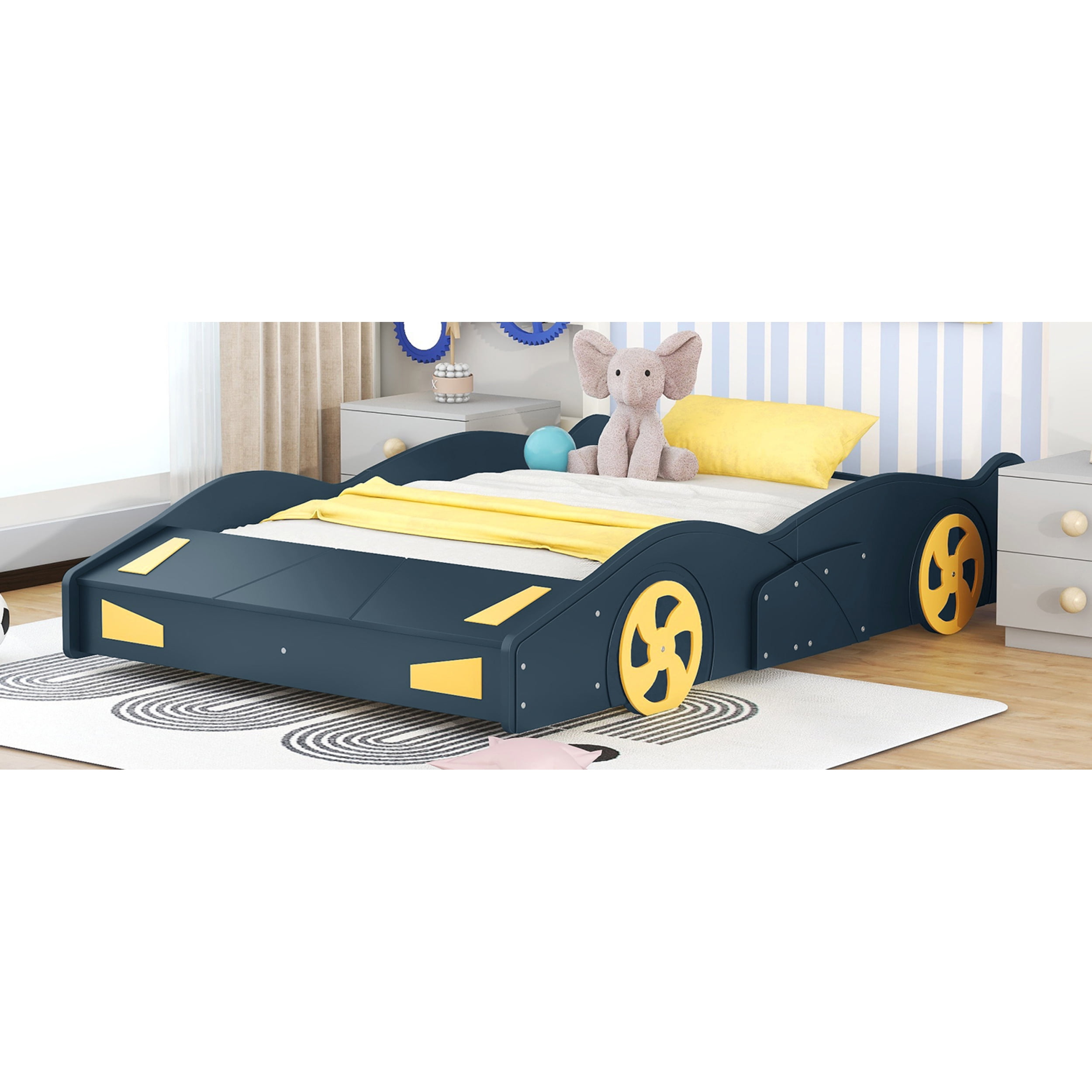 Full Size Race Car-Shaped Platform Bed with Wheels and Storage, Dark Blue&Yellow 60AAC