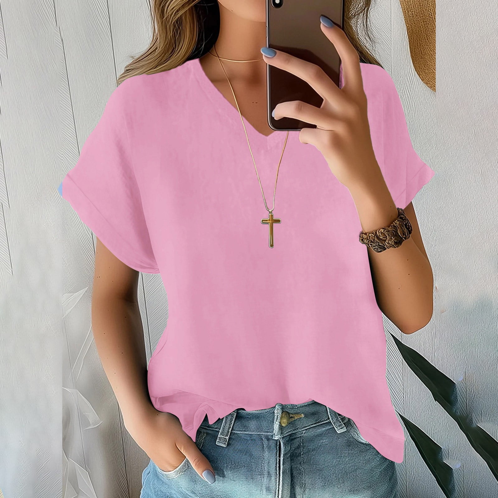 EADINVE Women's V-Neck Short Sleeve T-Shirt - Batwing Sleeve, Loose Fit, Summer Basic Top (2025 Style)