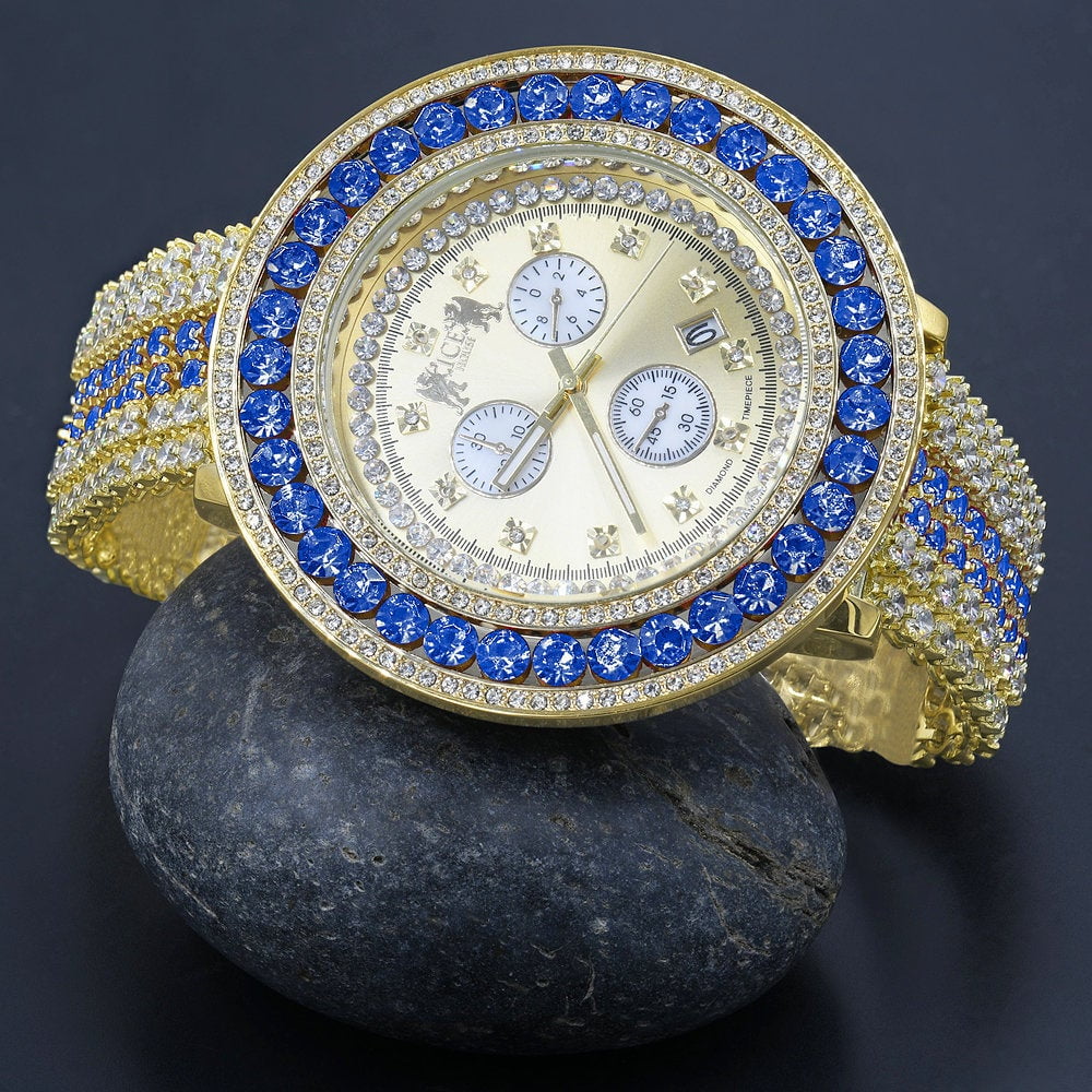Fully Iced Out Simulated Diamond Blue Sapphire Gold Tone Mens Jo Rodeo ...