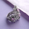 thumbnail image 3 of Triple Daisy Flower Ring with Pink Austrian Crystals, - Fashion Statement Ring Size 11 Jewelry Ring Silver Metal, 3 of 6