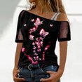 thumbnail image 3 of Gibobby Tirantes Para&nbsp;Camisa Tops estampados a la para mujer, camiseta con hombros descubiertos, camiseta elegante de manga corta con Sexy, blusa holgada（Rosa， M), 3 of 5
