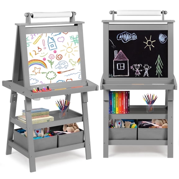 LINLUX 3 in 1 Kids Art Easel Drawing Board Double-Sided Whiteboard Chalkboard, Grey
