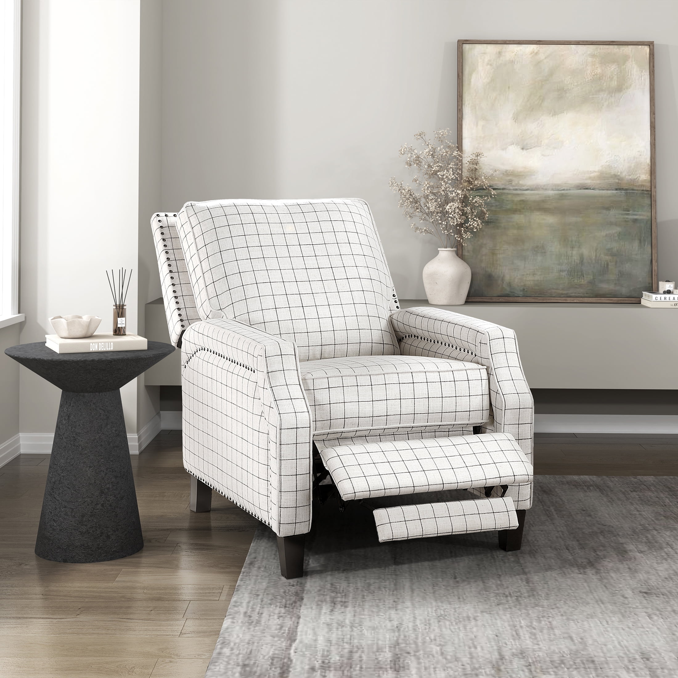 OakvillePark Sylenthall Textured Fabric Push Back Reclining Chair, Off-White With Black Plaid Pattern