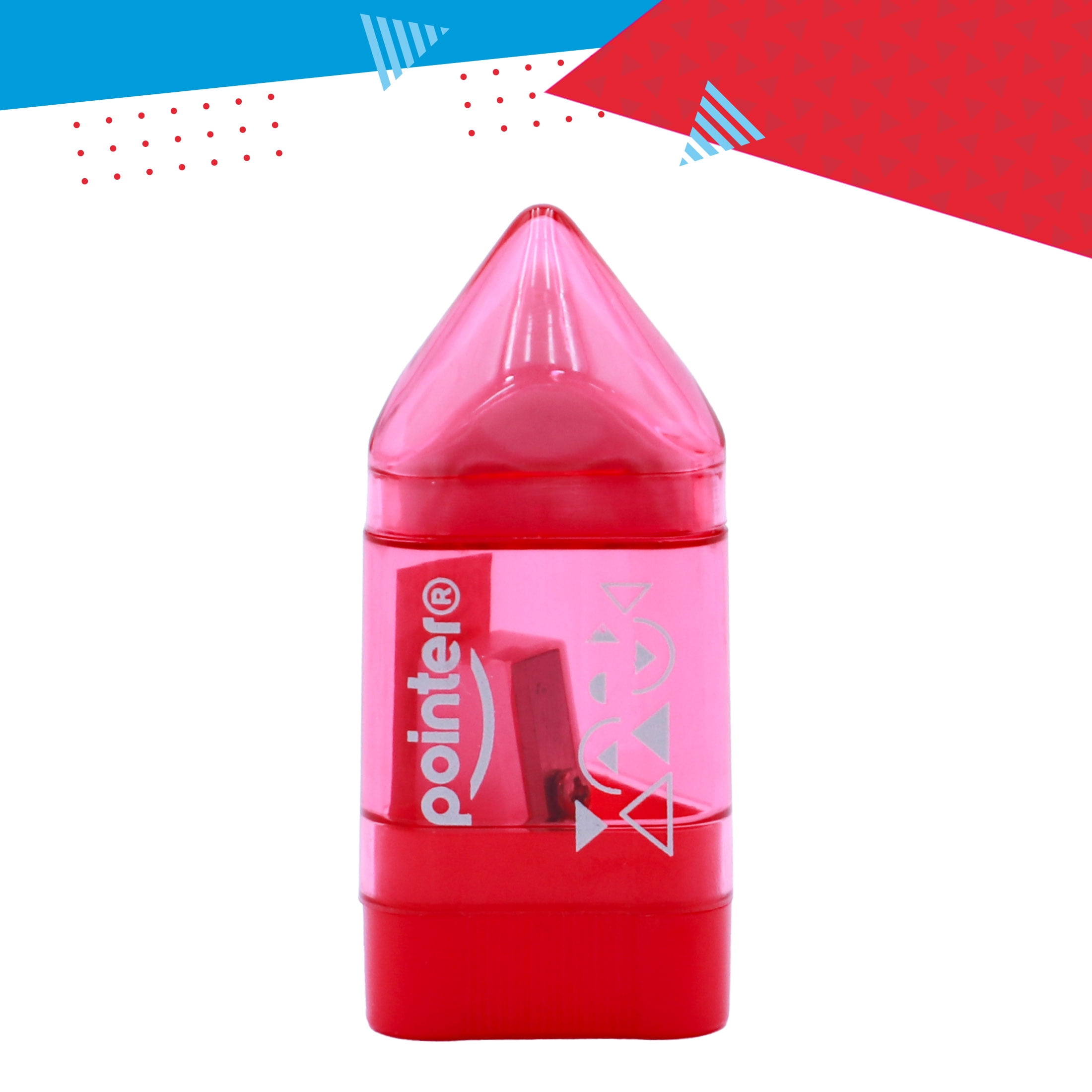Pointer Handheld Manual Pencil Sharpeners, Rocket‑Shaped, Single‑Hole, 2‑in‑1 Eraser and Container, Assorted Colors, 24 Count, 1 pack
