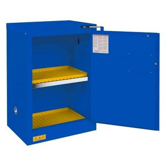Durham 1012S-293T 23 x 18 x 36.37 in. FM Approved Corrosive Storage Cabinet with 12 gal, 1 Door, Self Close - 1 Shelf - 2 Plastic Trays - Blue