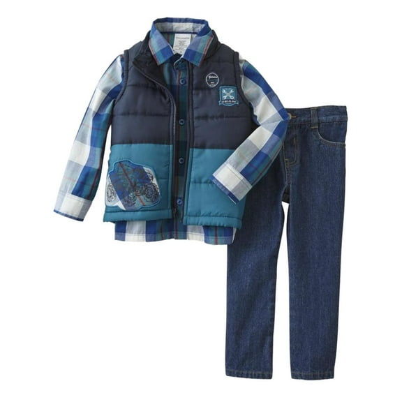 Infant & Toddler Boys Baby Monster Truck Outfit Blue Plaid Vest Shirt Jeans 12M