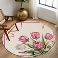 thumbnail image 2 of Round Area Rug 6 Ft, Pink Tulip Washable Non-Slip Circle Carpet for Living Room/Bedroom, Spring Floral Romantic Flowers Modern Art Rustic Low-Profile Indoor Mats Collection Rugs for Residential, 2 of 8
