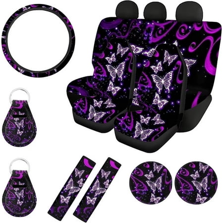 Pzuqiu Purple Butterfly Car Accessories Seat Cover for Cars for Women with Steering Wheel Cover Full Set,Front Rear Seat Protector Universal Fit Trucks,Seat Belt Pads,Coaster,Butterfly Keychain