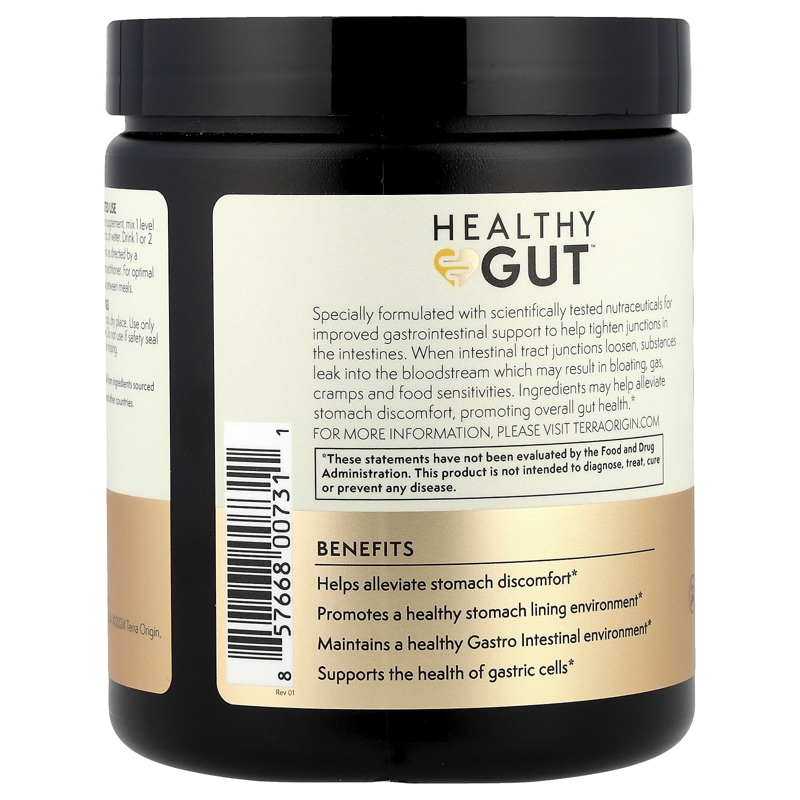 Terra Origin Healthy Gut Powder, Honey Lemon Flavor, Digestive