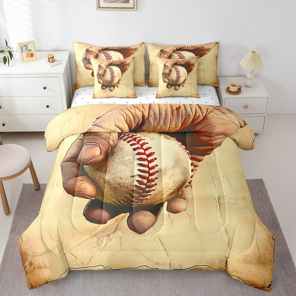 Baseball King Comforter Set 7 Pieces Bed in a Bag 3D Retro Softball King Bedding Comforter Sets,Grunge Vintage European Sports Ball Game Comforter with Fitted Sheets,Flat Sheets,Pillowcases & Shams
