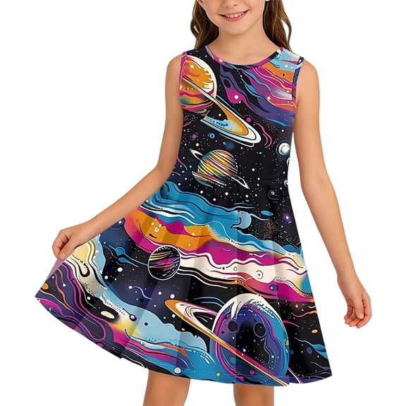 Oiyii Big Girls Summer Dresses Space Print Sleeveless Round Neck Above Knee Dress