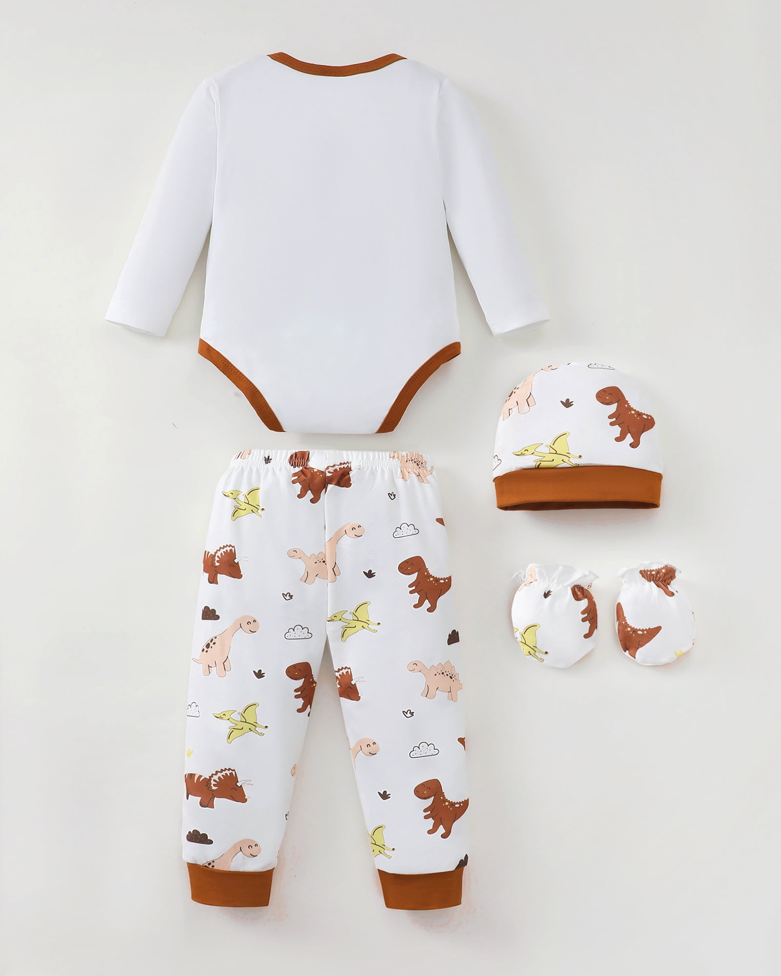 KIMI BEAR Newborn Baby Boys Layette Set 4 Packs Outfits Winter Clothes Sets Long Sleeves Romper Pants Dinosaur Print Stripped Top with Hat and Gloves 16pcs Gifts Brown 6-9 Months