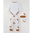 thumbnail image 2 of KIMI BEAR Newborn Baby Boys Layette Set 4 Packs Outfits Winter Clothes Sets Long Sleeves Romper Pants Dinosaur Print Stripped Top with Hat and Gloves 16pcs Gifts Brown 3-6 Months, 2 of 10