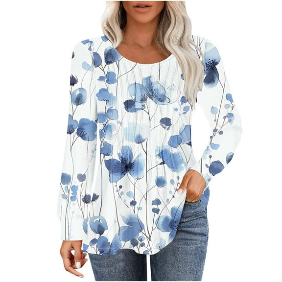 Womens tops Fall Casual Loose fitting Pleated Round Neck trendy floral Print Long Sleeve Round Neck flowy T-shirt tunic Tops,Blue 2,XL