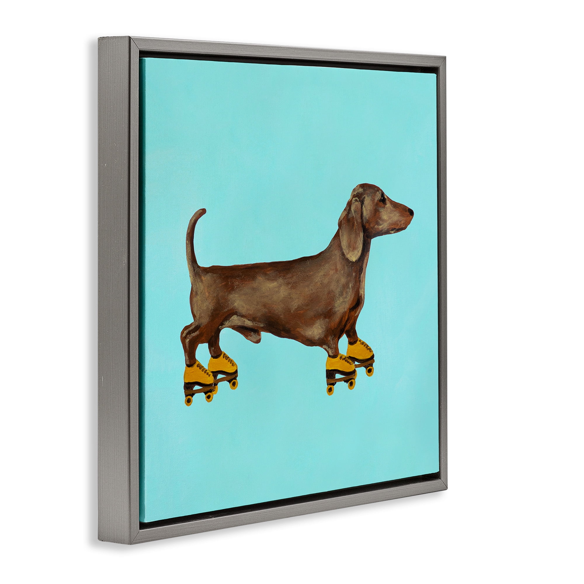 Stupell Industries Funny Dachshund On Roller Skates Animals & Insects Painting Gray Floater Framed Canvas Art Print Wall Art, 25 x 25