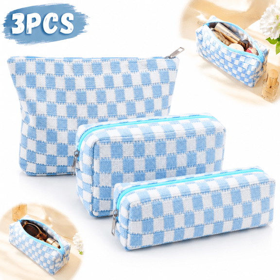 Emlimny 3Pcs Checkered Makeup Bag for Women Large Cosmetic Bag Set Travel Toiletry Bag Makeup Pouch Bag for Purse Blue Zipper Storage Bag Organizer Cute Small Aesthetic Car Essentials Bag