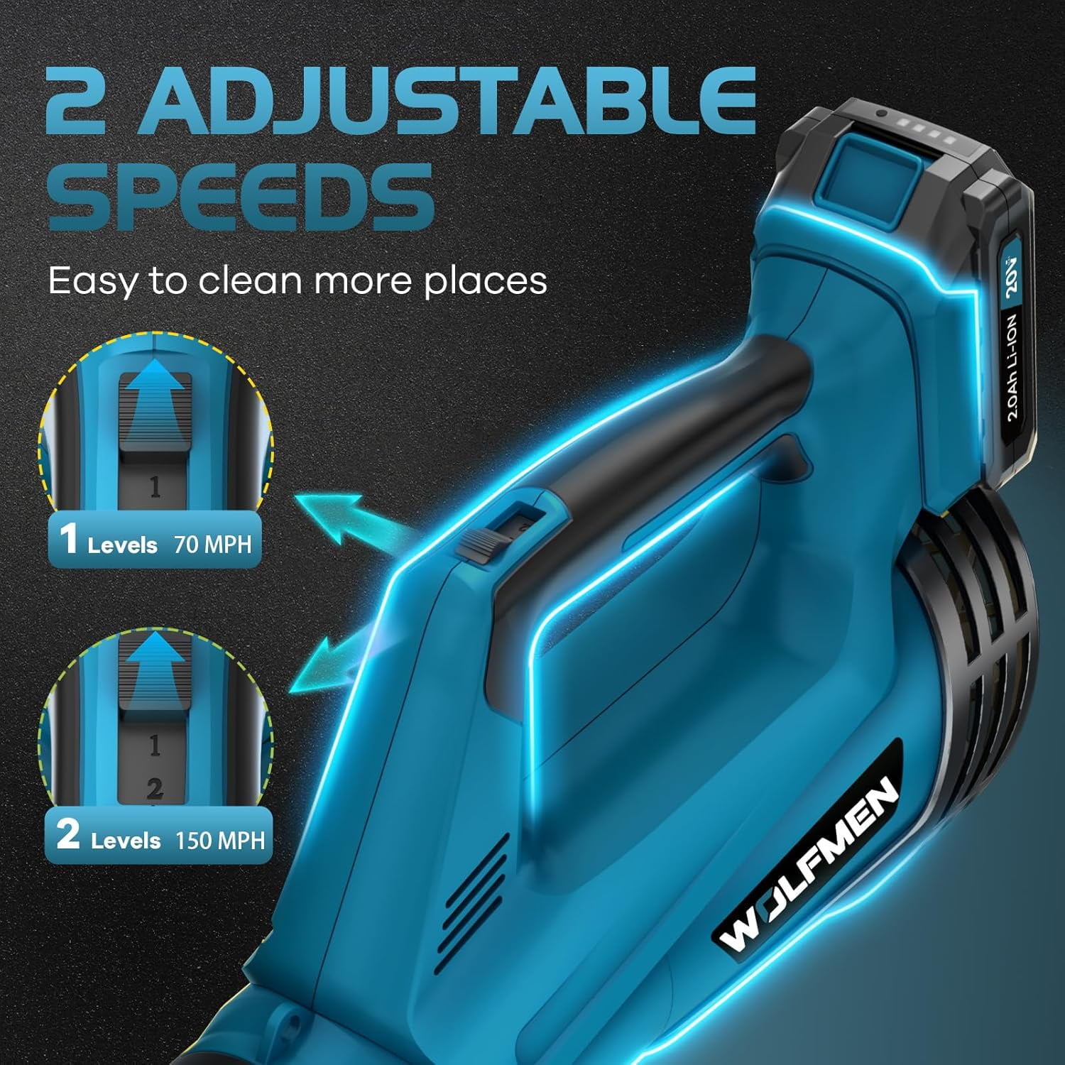 DARKIRON Cordless Leaf Blower, 20V Leaf Blower with 2 Batteries & Charger,Up to 450CFM/150MPH, 2 Variable Speed, Lightweight for Blowing Leaves, Patio Cleaning, Lawn Care and Dust (Blue)