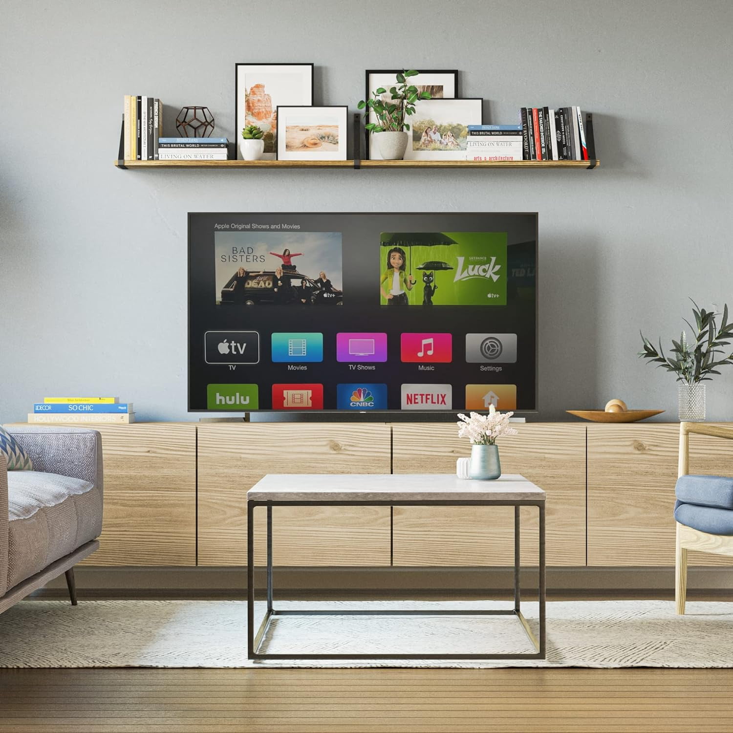 Wallniture Bora 60"x6" Rustic Floating Shelves, Wall Bookshelf Living Room Decor, Wall Shelf for Bedroom, Dining Room, Kitchen, Burnt Finish, Wood